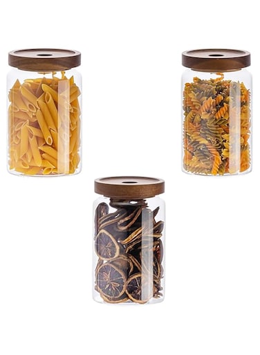 Jorunb Glass Storage Jars Set of 3 Airtight Food Storage Containers with Bamboo lids, Clear Glass Canisters for Pantry, kitchen, Flour, Sugar, Tea, Coffee, Snack, Spice and Herbs 3pc_800ml