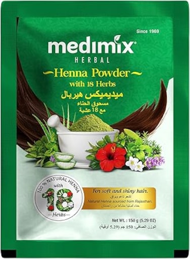 Medimix Herbal Henna Powder with 18 Essential Herbs - 100% Natural Hair Color for Soft, Shiny &amp; Moisturized Hair - Damage Control Formula, 150g