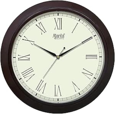Ajanta Sweep Analog Wall Clock &ndash; 31cm Round Brown Design with Roman Numerals, Silent Non-Ticking Quartz Movement, Plastic Frame &ndash; Classic Decorative Wall Clock for Home &amp; Office