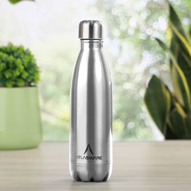 Atlasware Stainless Steel Hot & Cold Vacuum Bottle, Double-Wall Insulated and Leak-Resistant, Silver, 350 ml
