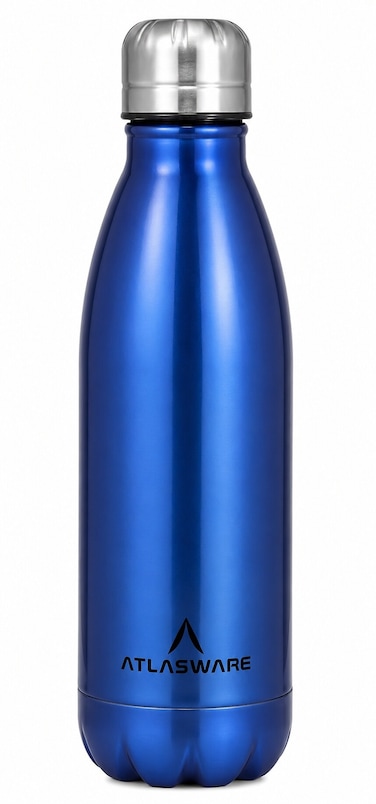 Atlasware Stainless Steel Vacuum Bottle, Double-Wall Insulated and Leak-Resistant, Blue, 350 ml