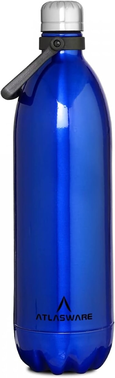 Atlasware Stainless Steel Vacuum Bottle with Carry Handle, Double-Wall Insulated and Leak-Resistant, Blue, 1750 ml