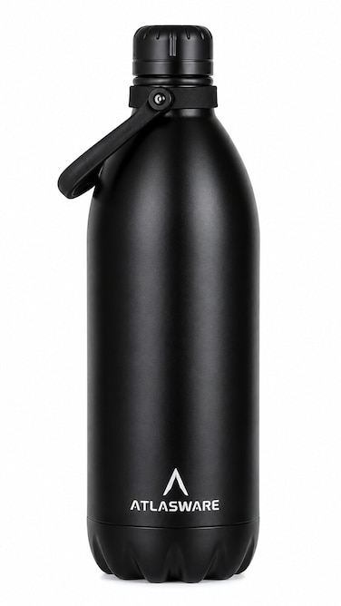 Atlasware Stainless Steel Vacuum Bottle with Carry Handle, Double-Wall Insulated and Leakproof, Black, 2000 ml