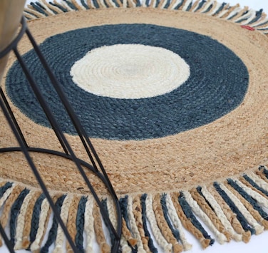 Handmade Natural &amp; Blue Color 90 CM Ramsha Braided Jute Round Rug - BR 001