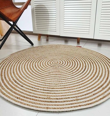 Handmade Natural &amp; White Color 120 CM Braided Jute Round Rug - BR 012