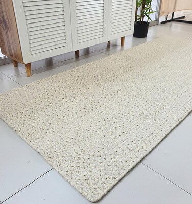 Handmade White &amp; Gold Rope area rug 80x200 cm Wool Floor BR-045 braided Rug