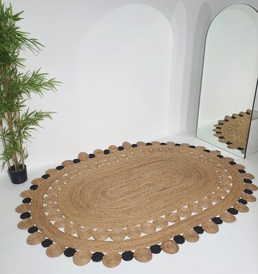 سجادة الجوت المضفرة سجادة سوداء وطبيعية 90 سم سجادة مستديرة الشكل