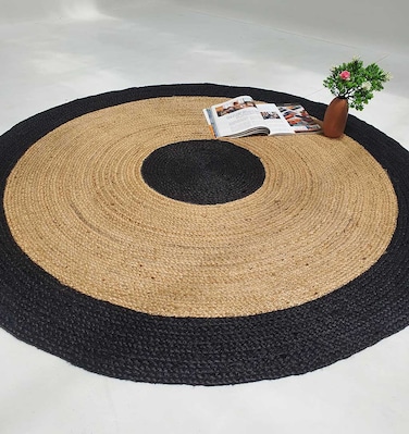 Ramsha Handmade Area Rug Natural &amp; Black Color 200 CM Braided Jute Round Rug - BR 003