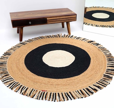 Handmade Natural &amp; Black Color 90 CM Ramsha Braided Jute Round Rug - BR 001