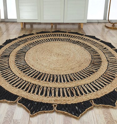 Handmade rug 200 cm round shaped rug Natural and black Color Crochet Jute Round Rug - CR 012