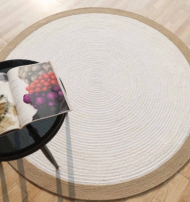 Natural and Bleach White Color Ramsha Living Room Home Decor 120 cm Round Jute Rug - BR 089