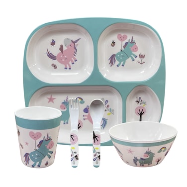 Dinewell 5-Piece Kids Dinner Set &ndash; Unicorn Theme &ndash; Magical Unicorn Design with Divided Plate, Bowl, Cup, Spoon &amp; Fork &ndash; Non-Toxic, Lightweight Tableware for Kids &ndash; DWKS001UNI