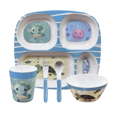 Dinewell 5-Piece Kids Dinner Set &ndash; Sea Life Theme &ndash; Divided Plate, Bowl, Cup, Spoon &amp; Fork &ndash; BPA-Free, Lightweight &amp; Durable Tableware for Toddlers and Children &ndash; DWKS001SEL