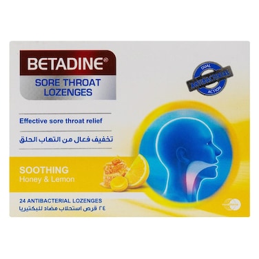 Betadine Sore Throat Antibacterial Lozenges With Soothing Honey &amp; Lemon, Pack of 24's
