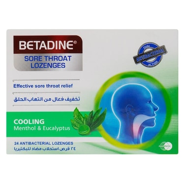 Betadine Sore Throat Antibacterial Lozenges With Cooling Menthol &amp; Eucalyptus, Pack of 24's