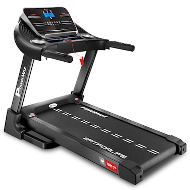 جهاز المشي الكهربائي القابل للطي PowerMax Fitness TDM-97 بقوة 4 حصان، مزود بمحرك يدوي قابل للتعديل، و12 برنامج تمرين مُعد مسبقًا، وسرعة قصوى 12 كم/ساعة، ومنفذ AUX، ومكبر صوت   جهاز تمارين القلب مناسب لوزن مستخدم يصل إلى 110 كجم، مزود بمستشعر معدل ضربات القلب، لون أسود
