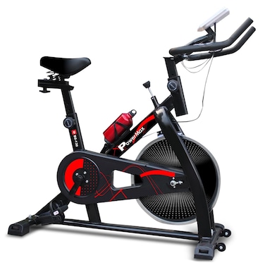 PowerMax Fitness BS-130 Spin Exercise Bike [8Kg Flywheel, Max User Weight 130kg, LCD Display, 3pc Crank, Bottle Holder, Anti-slip Pedals and Comfortable Seat] 1 Year Manufacturer Warranty, Black