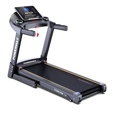 جهاز المشي الكهربائي PowerMax Fitness Tdm-96 (بقوة قصوى 4 حصان) للاستخدام المنزلي (أقصى وزن للمستخدم 110 كجم، شاشة LCD، بلوتوث للموسيقى وتطبيق الهاتف، 3 مستويات ميل يدوي)