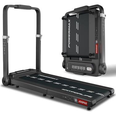 جهاز المشي الكهربائي القابل للطي PowerMax Fitness Jogpad (بقوة قصوى 4 حصان)، بمقبض وجهاز تحكم عن بعد، يتحمل حتى 120 كجم، سرعة قصوى 12 كم/ساعة، سطح جري بمقاس 1080 مم × 400 مم، تقنية بلوتوث، مكبر صوت