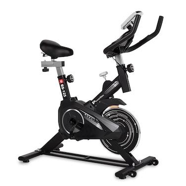 PowerMax Fitness BS-125 Spin Exercise Bike for Home use, 16mm 7Kg Flywheel, Max User Weight 130kg, LCD Display, 2pc Crank, Heart Rate Sensor, Knob Braking, Adjustable Foot Strap and seat, iPad Holder
