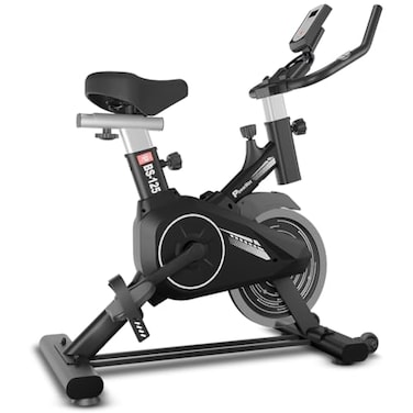 دراجة تمارين رياضية منزلية PowerMax Fitness BS-125، مزودة بعجلة دوارة 16 مم بوزن 7 كجم، يتحمل حتى 130 كجم، وشاشة LCD، وذراع تدوير ثنائي القطع، ومستشعر لمعدل ضربات القلب، وفرامل يدوية، وحامل