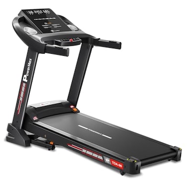 جهاز المشي المنزلي PowerMax Fitness Tda-96 ذو الميل التلقائي (قوة قصوى 4 حصان)، يتحمل حتى 110 كجم، بلوتوث، و12 برنامجًا مُعدًا مسبقًا، ومستشعرات لمعدل ضربات القلب، وقابل للطي هيدروليكيًا