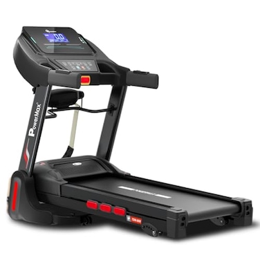 جهاز المشي المنزلي PowerMax Fitness Tdm-96M بقوة 4 حصان، يتحمل حتى 110 كجم، سرعة حتى14 كم، 4 مستويات ميل يدوية، بلوتوث للتطبيقات، ومكبر صوت، ومشغل MP3، وجهاز تدليك، وجهاز كارديو قابل للطي، وشاشة LCD.