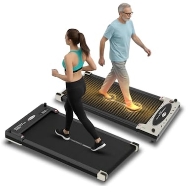 جهاز المشي PowerMax Fitness Flippad بمحرك تيار مستمر بقوة 2.5 حصان، جهاز مشي 3 في 1، ووظيفة تدليك بالضغط مدمجة، وتقنية بلوتوث للموسيقى، ومكبر صوت، وشاشة LED، يتحمل حتى 120 كجم، سطح الجري 920 × 370 مم
