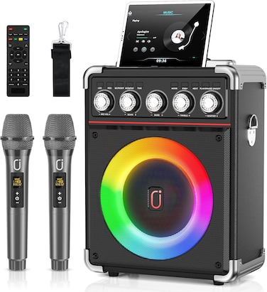 JYX Karaoke Machine With 2 Microphones: Portable for Adults Kids, Bluetooth Speaker With Bass/Treble Adjustment, PA System, Remote Control, LED Lights, Support REC/USB/AUX