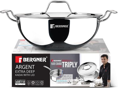 Bergner Argent 32cm (7L) Tri-Ply Stainless Steel Deep Stir-Fry Pan, Multipurpose Curry Pan with Lid, Less Oil Use Healthy Cooking, Food Safe, Stay-Cool Handles, Induction &amp; Gas Stove Compatible