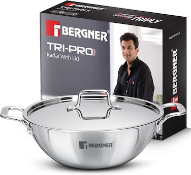 Bergner TriPro 24cm (3.1L) Triply Stainless Steel Deep Stir-fry Pan with Lid, Heavy Base Kadai Wok, Even Heating, Less Oil Healthy Cooking Cookware, Induction &amp; Gas Stove Compatible
