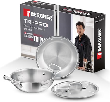 Bergner Tripro 3-Pc Triply Stainless Steel Cookware Set, 24cm (3.1L) Deep Stir-fry Pan Kadai with Lid, 22cm Frying Pan Skillet, Less Oil Use Healthy Cooking Set, Even Heating, Induction &amp; Gas Ready