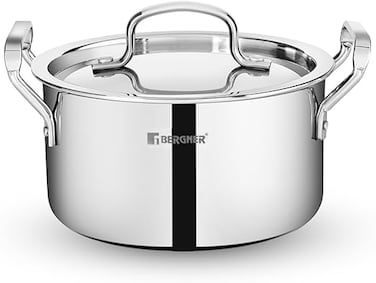 Bergner Tripro 28cm (3.8L) Tri-Ply Stainless Steel Casserole, Cook &amp; Serve Biryani Pot/Handi with Lid, Even Heat Distribution, Energy Saving, Healthy Cooking, Induction &amp; Gas Stove Compatible