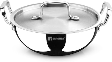 Bergner TriPro 32cm (6.5L) Tri-Ply Stainless Steel Deep Stir-Fry Pan, Kadai with Lid, Healthy Cooking with Less Oil, Metal Spatula Friendly Wok, Stay-Cool Handles, Induction &amp; Gas Stove Compatible