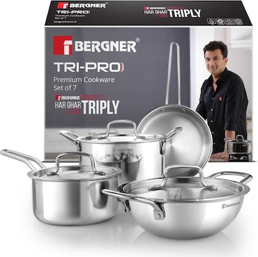 Bergner TriPro 7-Pc Triply Stainless Steel Cookware Set, 20cm (1.5L) Deep Stir-fry Kadai Pan, 20cm (1.2L) Sautepan, 16cm (1.7L) Saucepan, 20cm (3L) Casserole with 3 Lids, Induction &amp; Gas Ready