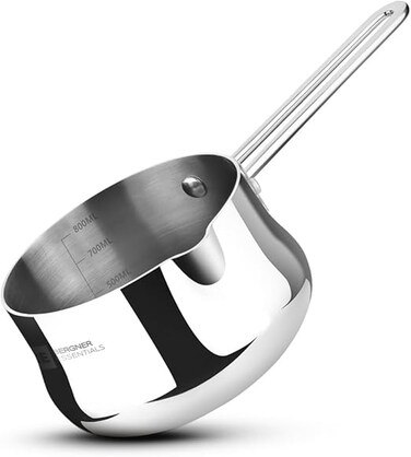 Bergner Essentials 12cm (900ml) Tri-Ply Stainless Steel Milk &amp; Coffee Warmer with Handle, Small Pan for Heating Beverages, Melting Butter, Sauces, Easy to Pour, Induction &amp; Gas Stove Compatible