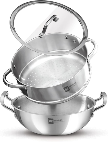 Bergner Essentials Tri-Ply Stainless Steel 3pcs Cookware Set &ndash; 24cm (3.2L) Deep Frying Pan with Steamer Pot &amp; Glass Lid &ndash; Multipurpose Stainless Steel Wok Set for Gas &amp; Induction, Healthy Cooking Set