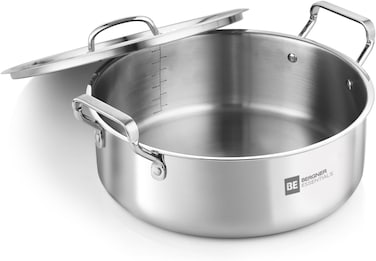 Bergner Essentials 28cm (5.8L) Tri-Ply Stainless Steel Shallow Biryani Pan, Wide Cooking Pot with Steel Lid for Rice Pulao Curries, Less Oil Healthy Cooking, Even Heating, Gas &amp; Induction Compatible