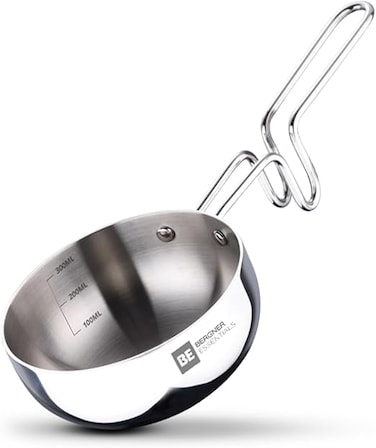 Bergner Essentials 10cm (300ml) Tri-Ply Stainless Steel Tadka Pan, Spice Tempering &amp; Seasoning Mini Frying Pan with Long Wire Handle, Smooth Surface Cookware, Induction &amp; Gas Stove Compatible