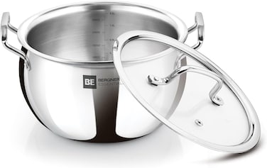 Bergner Essentials 28cm (9.5L) Tri-Ply Stainless Steel Large Rice Pot &ndash; Heavy-Duty Healthy Cooking Handi with Glass Lid for Biryani Pulao Soups Curries &ndash; Even Heating &ndash; Gas &amp; Induction Compatible