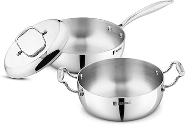Bergner Argent Saira Saiba Triply Stainless Steel 3-Piece Cookware Set with 22cm (2.5L) Frypan, 22cm (3L) Casserole, Common Lid, Low-Oil Healthy Cooking, Even Heating, Induction &amp; Gas Compatible