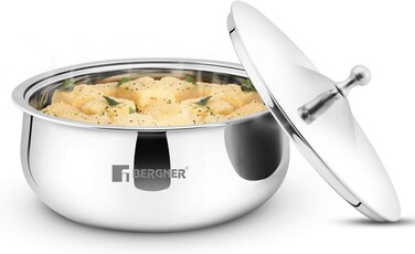 Bergner Vienna Stainless Steel Insulated Hot Pot 19cm (1L), Double-Walled Casserole with Lid for Keeping Food Warm &amp; Fresh, Cast Steel Knob, Durable Serving Pot for Rice Roti Curries