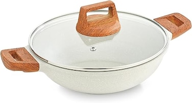 Bergner 24cm (2L) Cast Aluminum Stir-Fry Pan with Glass Lid &amp; Trivet, Marble Non-Stick Coating Deep Frying Pan, Even Heating Kadai, Low Oil Use Healthy Cooking Wok, Induction &amp; Gas Stove Compatible