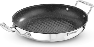 Bergner 26cm Triply Stainless Steel Grill Pan with Quantanium Nonstick Coating, Low-Oil Healthy Cooking Skillet for Meat and Vegetables, Fast Even Heating Frying Pan, Gas &amp; Induction Compatible