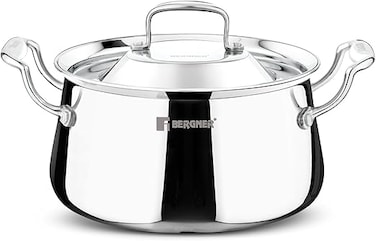 Bergner Argent Samsara 18cm (2.8L) Tri-Ply Stainless Steel Deep Cooking Pot, Cook &amp;  Serve Handi for Biryani, Rice, Curries, Pulao, Consumes Less Oil, Healthy Cooking, Induction &amp; Gas Stove Compatible