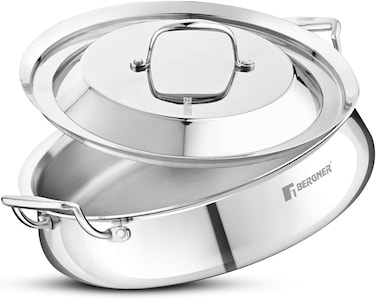 Bergner Argent Samsara 28cm (8L) Tri-Ply Stainless Steel Deep Cooking Pot, Cook &amp;  Serve Handi for Biryani, Rice, Curries, Pulao, Consumes Less Oil, Healthy Cooking, Induction &amp; Gas Stove Compatible