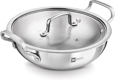 Bergner 24cm (3L) Triply Stainless Steel Stir-Fry Pan with Glass Lid, Deep Fry Pan for Healthy Cooking, Less Oil Use, Full Induction Base Wok, Even Heat Triply Cookware Kadhai, Deep Saut&eacute; Pan
