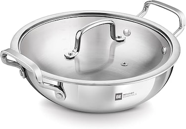 Bergner 28cm (5L) Triply Stainless Steel Stir-Fry Pan with Glass Lid, Deep Fry Pan for Healthy Cooking, Less Oil Use, Full Induction Base Wok, Even Heat Triply Cookware Kadhai, Deep Saut&eacute; Pan