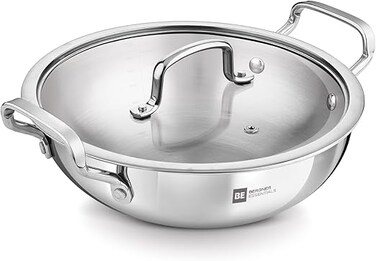 Bergner 30cm (6L) Triply Stainless Steel Stir-Fry Pan with Glass Lid, Deep Fry Pan for Healthy Cooking, Less Oil Use, Full Induction Base Wok, Even Heat Triply Cookware Kadhai, Deep Saut&eacute; Pan