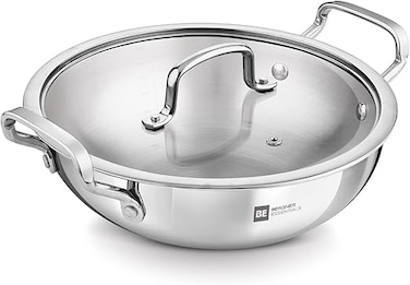 Bergner 32cm (7L) Triply Stainless Steel Stir-Fry Pan with Glass Lid, Deep Fry Pan for Healthy Cooking, Less Oil Use, Full Induction Base Wok, Even Heat Triply Cookware Kadhai, Deep Saut&eacute; Pan